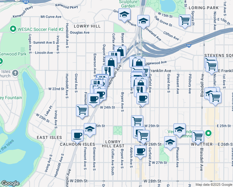 map of restaurants, bars, coffee shops, grocery stores, and more near 904 West 22nd Street in Minneapolis