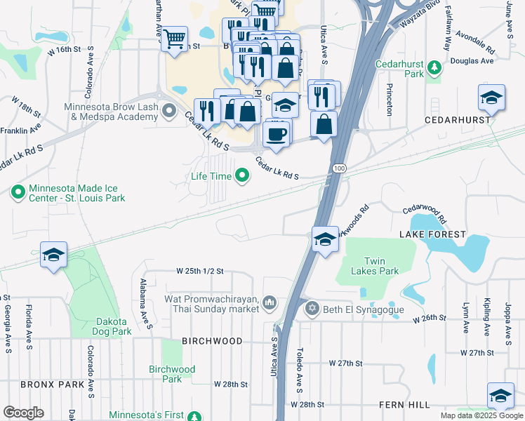 map of restaurants, bars, coffee shops, grocery stores, and more near 5320 West 23rd Street in Minneapolis