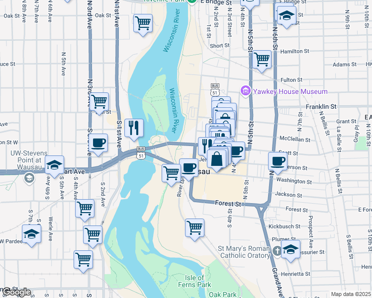 map of restaurants, bars, coffee shops, grocery stores, and more near 11 Scott Street in Wausau