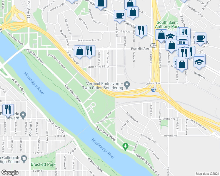 map of restaurants, bars, coffee shops, grocery stores, and more near 255 Bedford Street Southeast in Minneapolis