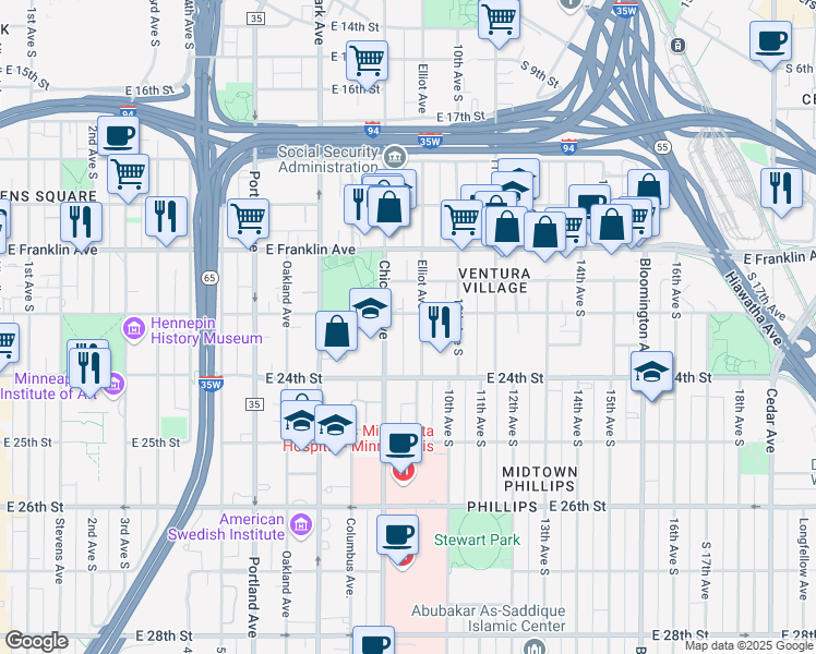 map of restaurants, bars, coffee shops, grocery stores, and more near in Minneapolis