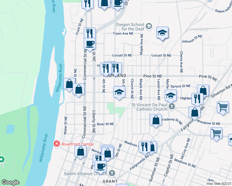 map of restaurants, bars, coffee shops, grocery stores, and more near 2180 Broadway Street Northeast in Salem