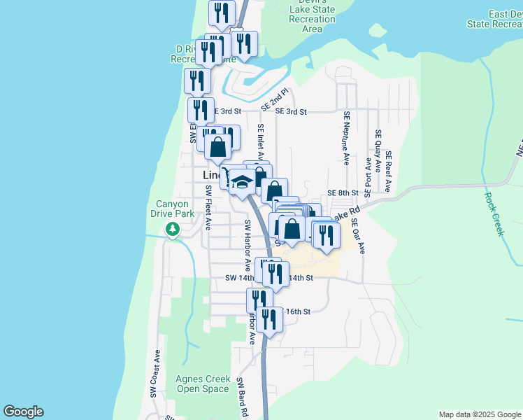 map of restaurants, bars, coffee shops, grocery stores, and more near 615-799 Southeast Inlet Avenue in Lincoln City