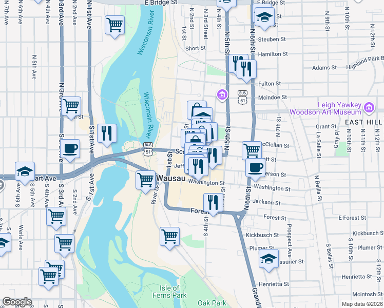 map of restaurants, bars, coffee shops, grocery stores, and more near 500 N 3rd Street in Wausau