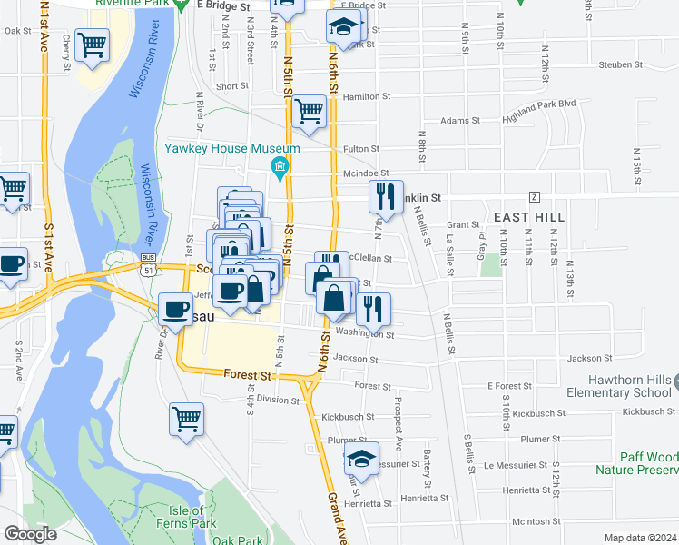 map of restaurants, bars, coffee shops, grocery stores, and more near 529 McClellan Street in Wausau