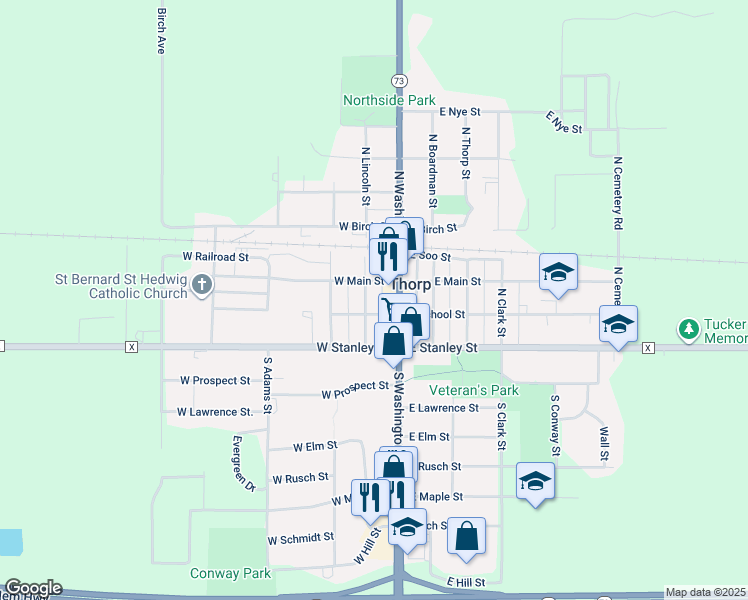 map of restaurants, bars, coffee shops, grocery stores, and more near 103 West Main Street in Thorp