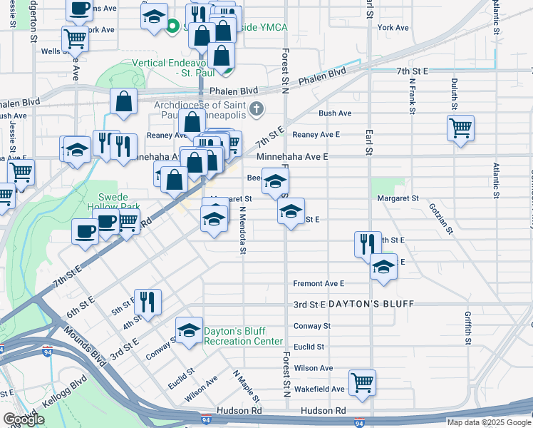 map of restaurants, bars, coffee shops, grocery stores, and more near 655 Forest Street North in Saint Paul