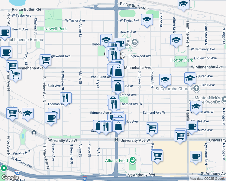 map of restaurants, bars, coffee shops, grocery stores, and more near 1602 Blair Avenue in Saint Paul