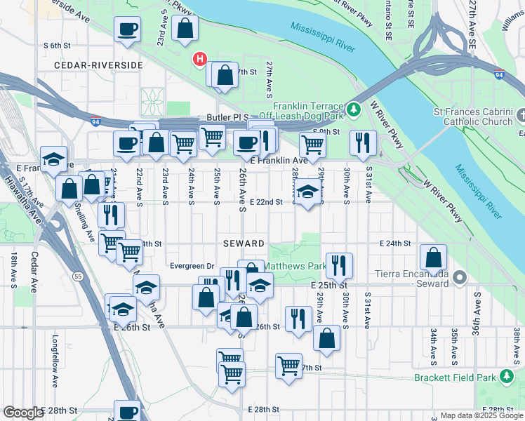 map of restaurants, bars, coffee shops, grocery stores, and more near 2615 East 22nd Street in Minneapolis