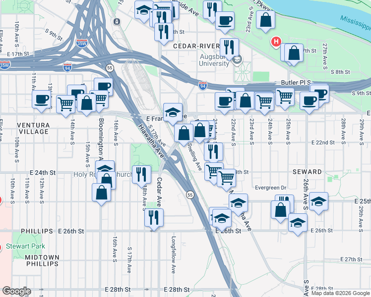 map of restaurants, bars, coffee shops, grocery stores, and more near 2303 Snelling Avenue in Minneapolis
