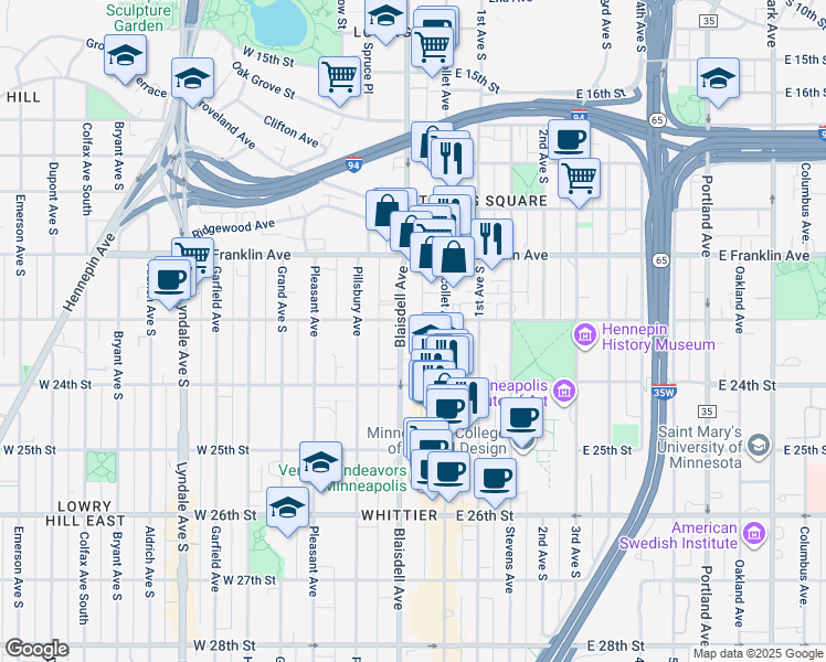 map of restaurants, bars, coffee shops, grocery stores, and more near in Minneapolis