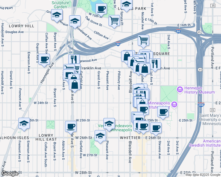 map of restaurants, bars, coffee shops, grocery stores, and more near 212 West 22nd Street in Minneapolis