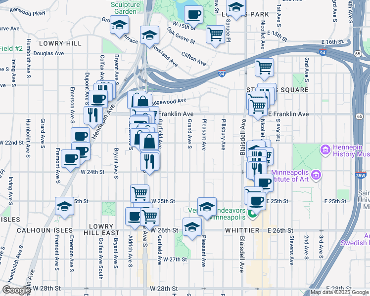 map of restaurants, bars, coffee shops, grocery stores, and more near 2125 Harriet Avenue in Minneapolis