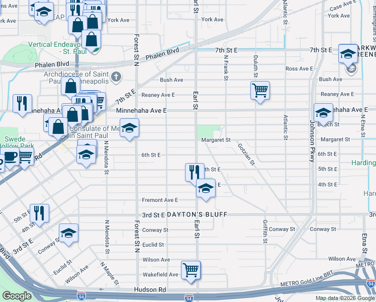 map of restaurants, bars, coffee shops, grocery stores, and more near 1032 Margaret Street in Saint Paul