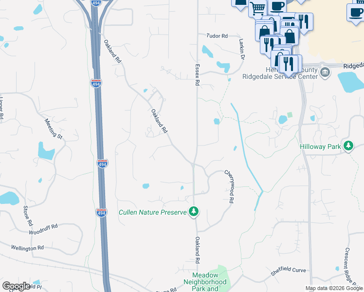 map of restaurants, bars, coffee shops, grocery stores, and more near 2213 Oakland Road in Hopkins