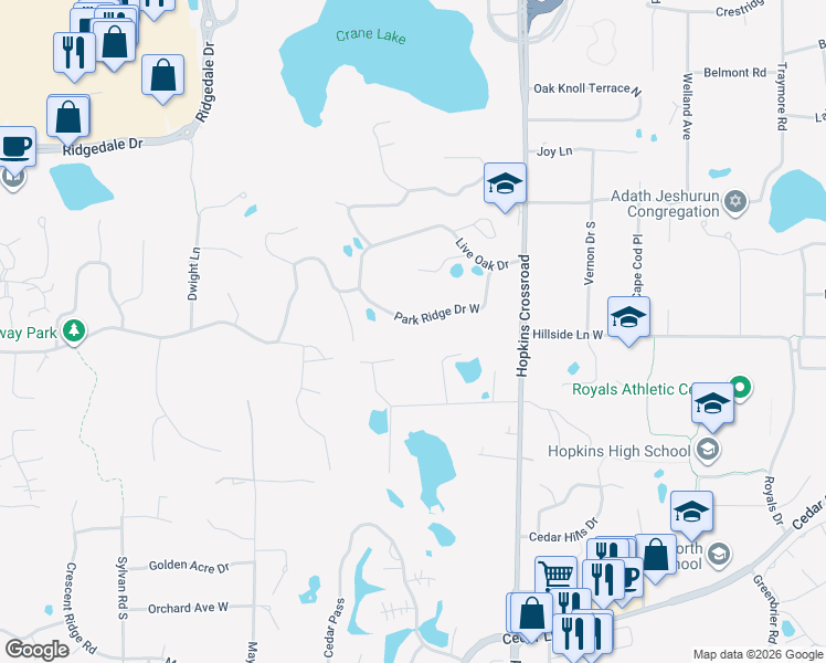 map of restaurants, bars, coffee shops, grocery stores, and more near 11511 Park Ridge Drive West in Hopkins