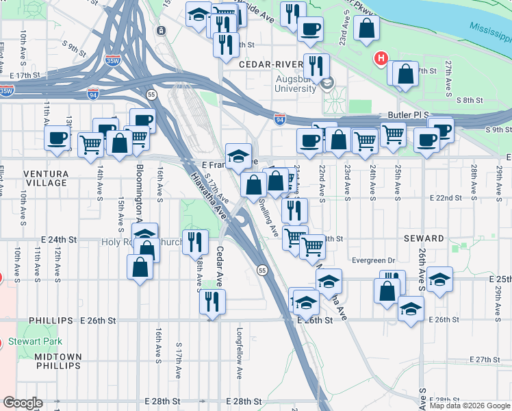 map of restaurants, bars, coffee shops, grocery stores, and more near 1901 East 22nd Street in Minneapolis