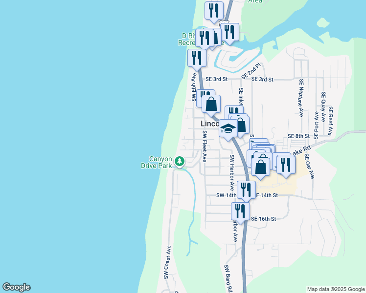 map of restaurants, bars, coffee shops, grocery stores, and more near 874 Southwest 8th Street in Lincoln City