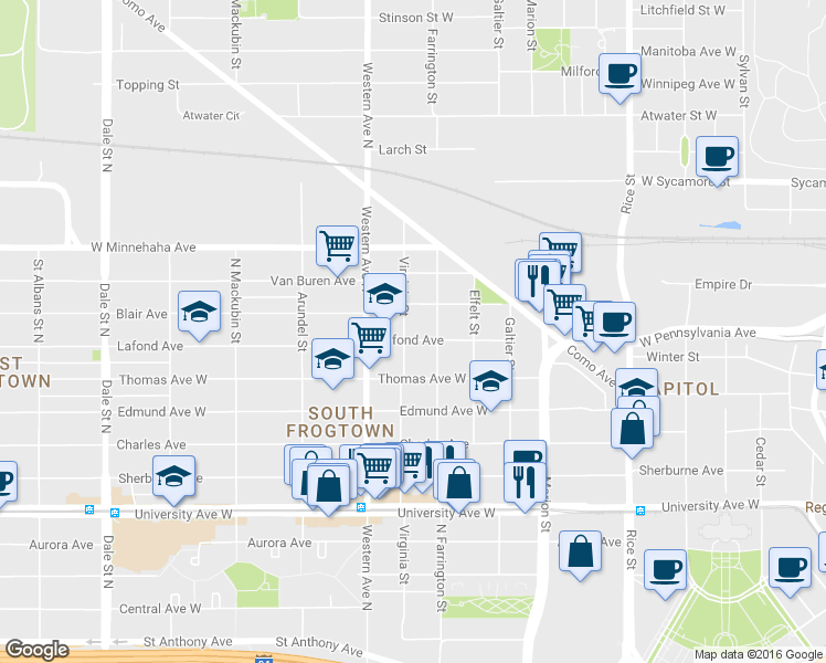map of restaurants, bars, coffee shops, grocery stores, and more near in Saint Paul