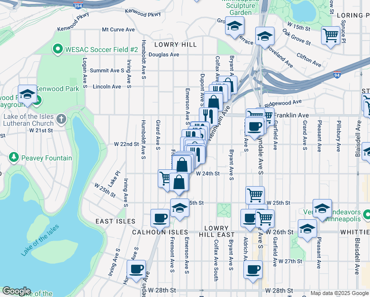 map of restaurants, bars, coffee shops, grocery stores, and more near 2129 Emerson Avenue South in Minneapolis