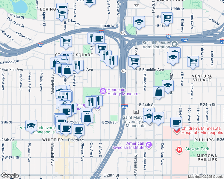 map of restaurants, bars, coffee shops, grocery stores, and more near 2201 Clinton Avenue in Minneapolis