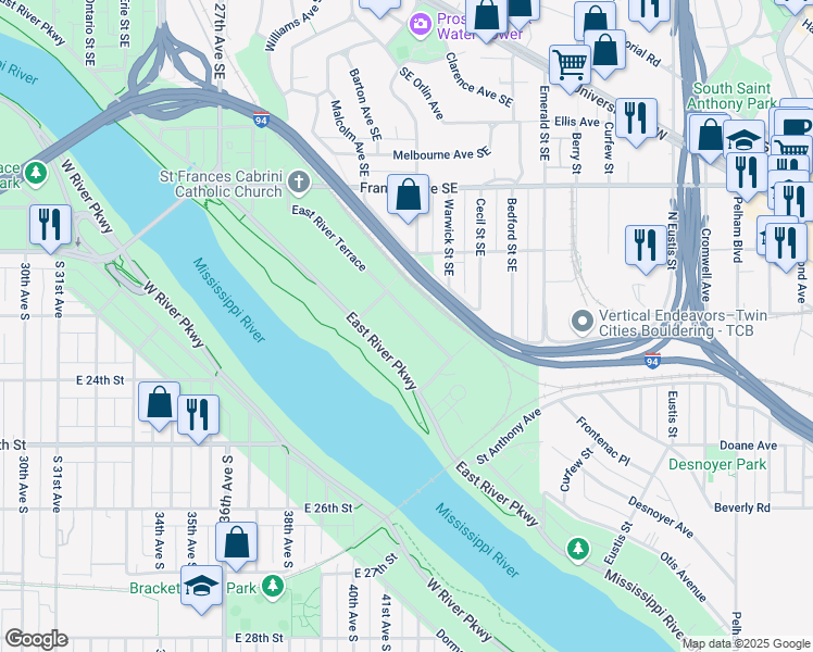 map of restaurants, bars, coffee shops, grocery stores, and more near 1927 East River Terrace in Minneapolis
