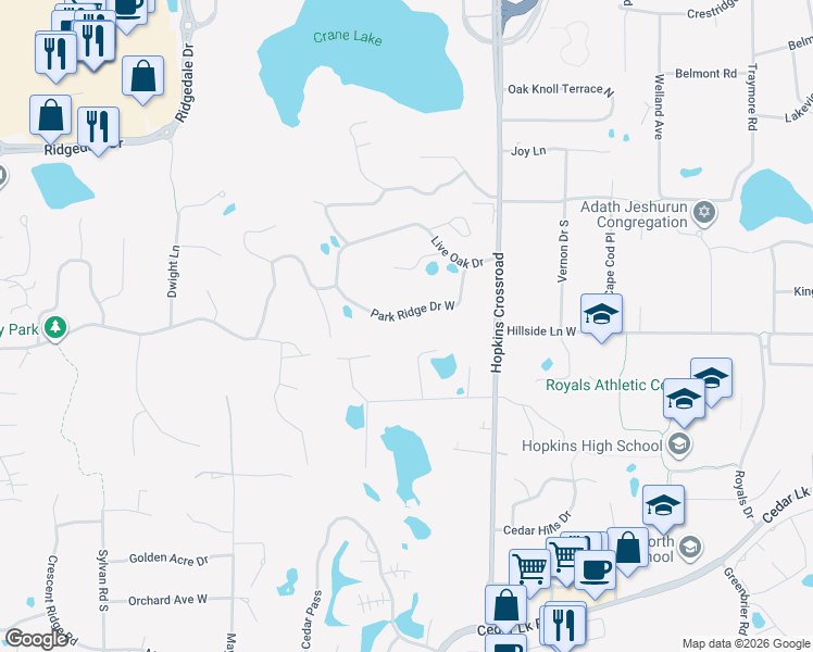 map of restaurants, bars, coffee shops, grocery stores, and more near 11511 Park Ridge Drive West in Hopkins