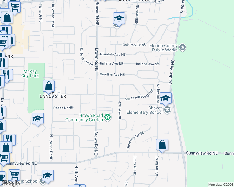 map of restaurants, bars, coffee shops, grocery stores, and more near 2640 Sunmeadow Court Northeast in Salem