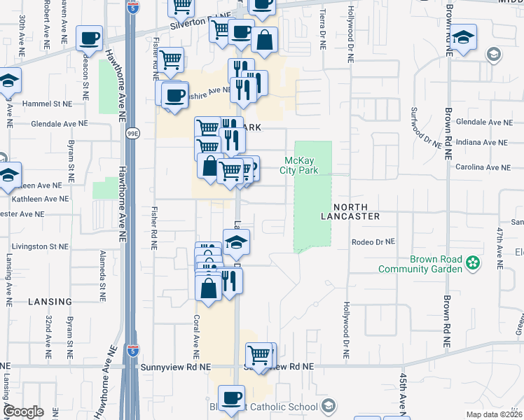 map of restaurants, bars, coffee shops, grocery stores, and more near 4060 Beverly Avenue Northeast in Salem