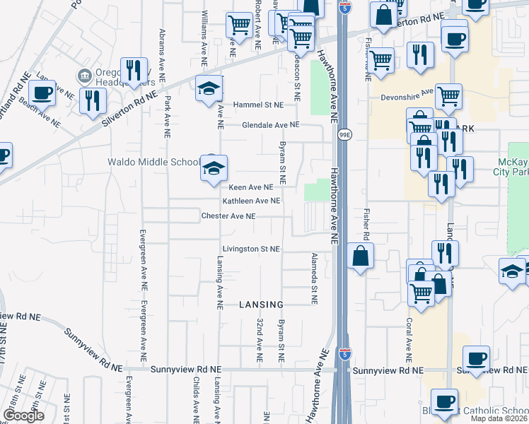 map of restaurants, bars, coffee shops, grocery stores, and more near 3134 Kathleen Avenue Northeast in Salem