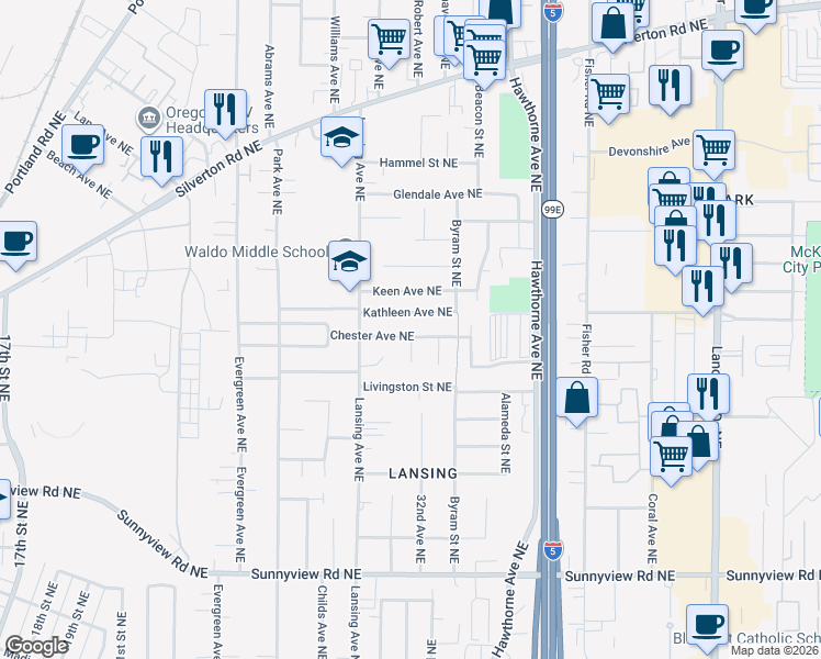 map of restaurants, bars, coffee shops, grocery stores, and more near 3134 Kathleen Avenue Northeast in Salem