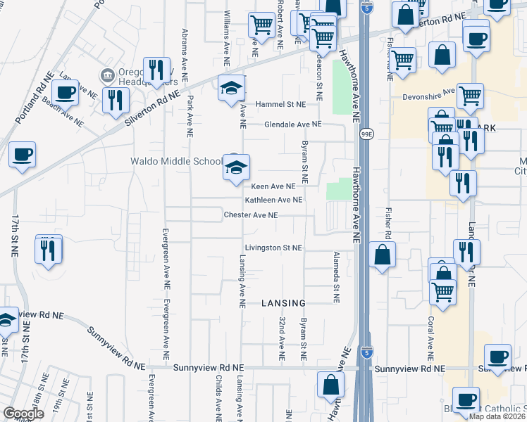 map of restaurants, bars, coffee shops, grocery stores, and more near 3040 Kathleen Avenue Northeast in Salem