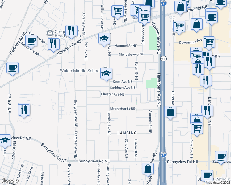 map of restaurants, bars, coffee shops, grocery stores, and more near 3040 Kathleen Avenue Northeast in Salem