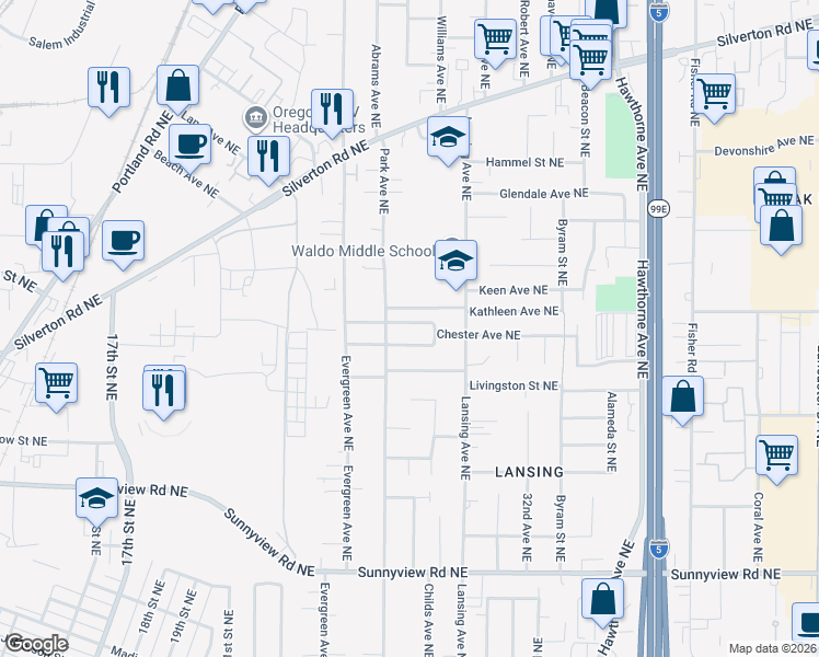 map of restaurants, bars, coffee shops, grocery stores, and more near 2831 Chester Avenue Northeast in Salem