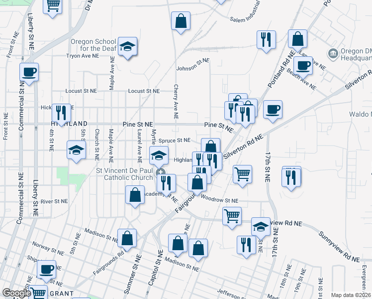 map of restaurants, bars, coffee shops, grocery stores, and more near 1180 Spruce Street Northeast in Salem