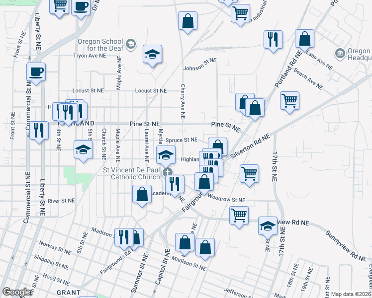map of restaurants, bars, coffee shops, grocery stores, and more near 2385 Cherry Avenue Northeast in Salem
