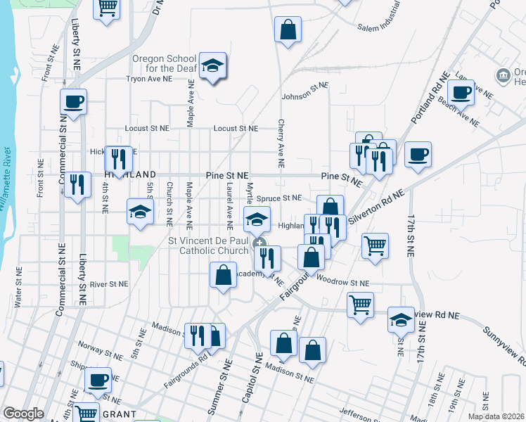 map of restaurants, bars, coffee shops, grocery stores, and more near 2380 Myrtle Avenue Northeast in Salem