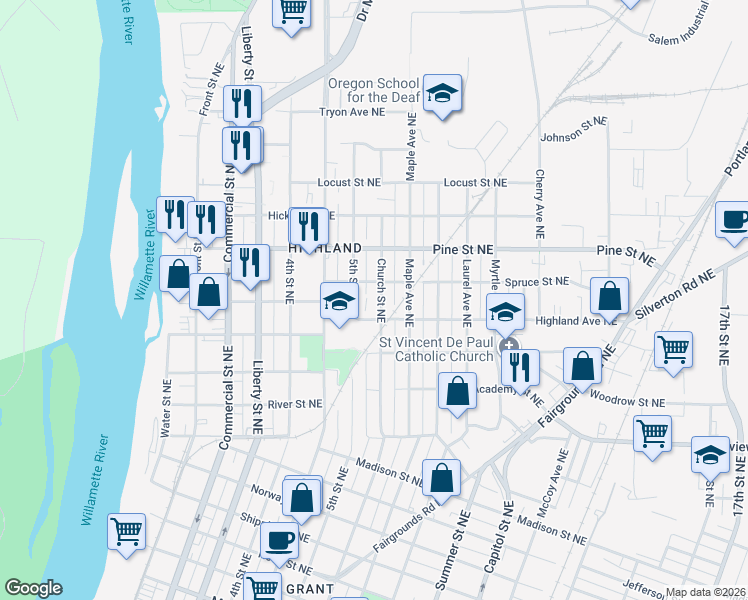 map of restaurants, bars, coffee shops, grocery stores, and more near 2290 5th Street Northeast in Salem