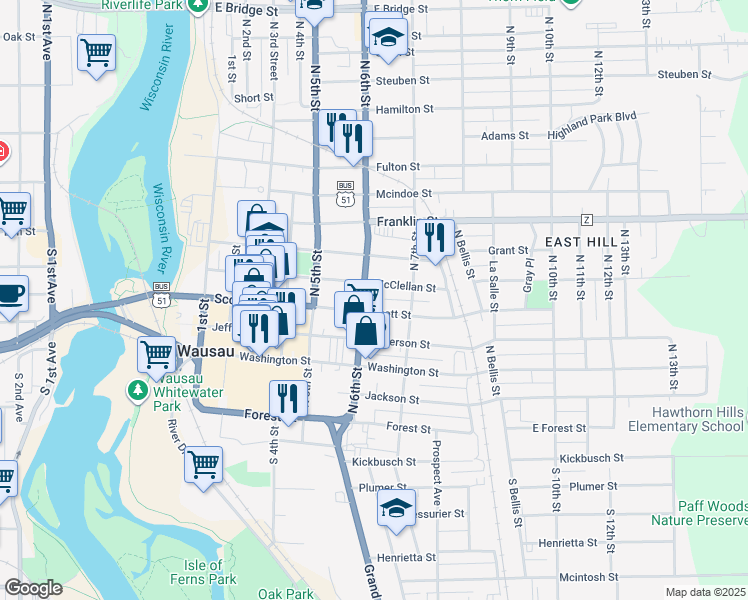 map of restaurants, bars, coffee shops, grocery stores, and more near 529 McClellan Street in Wausau