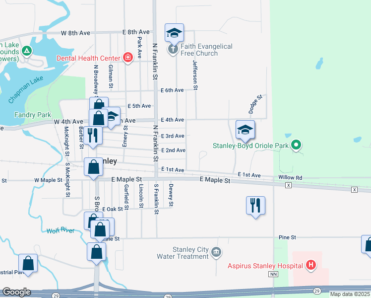 map of restaurants, bars, coffee shops, grocery stores, and more near 345 East 2nd Avenue in Stanley
