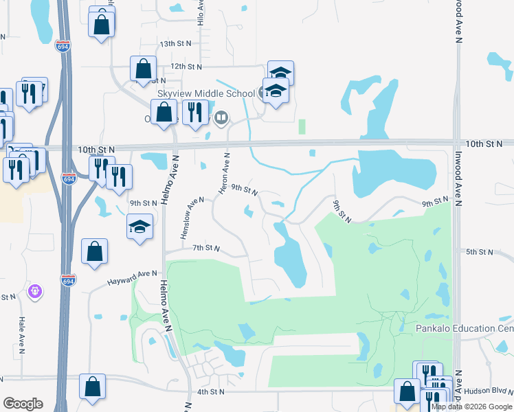 map of restaurants, bars, coffee shops, grocery stores, and more near 7950 9th Street North in Oakdale