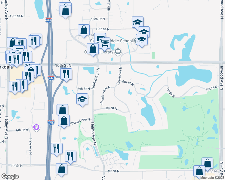 map of restaurants, bars, coffee shops, grocery stores, and more near 851 Heron Avenue North in Oakdale