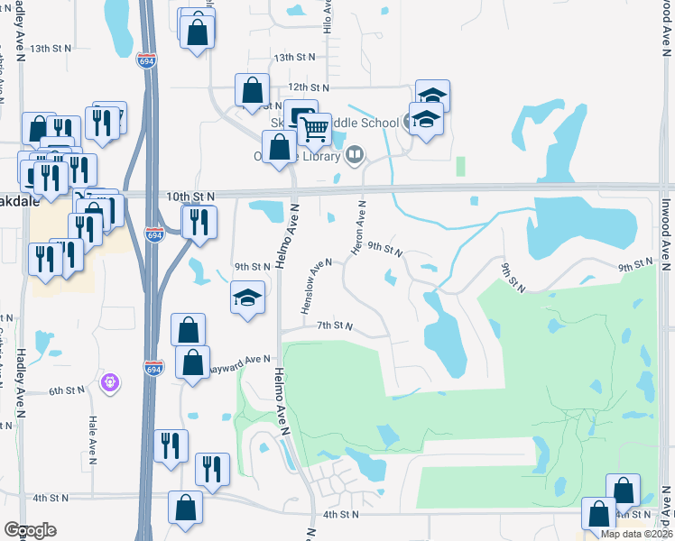 map of restaurants, bars, coffee shops, grocery stores, and more near 851 Heron Avenue North in Oakdale