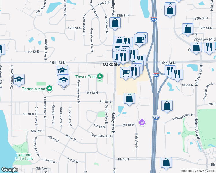 map of restaurants, bars, coffee shops, grocery stores, and more near 852 Hadley Lane North in Saint Paul
