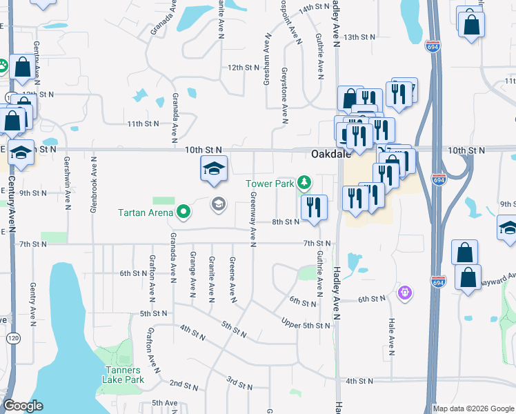 map of restaurants, bars, coffee shops, grocery stores, and more near 857 Greenway Avenue North in Oakdale
