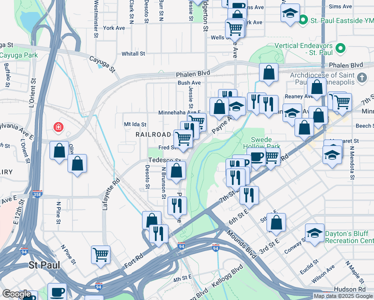 map of restaurants, bars, coffee shops, grocery stores, and more near 653 Bedford Street in Saint Paul