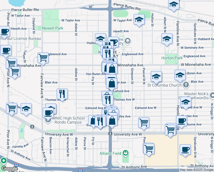 map of restaurants, bars, coffee shops, grocery stores, and more near 1602 Blair Avenue in Saint Paul
