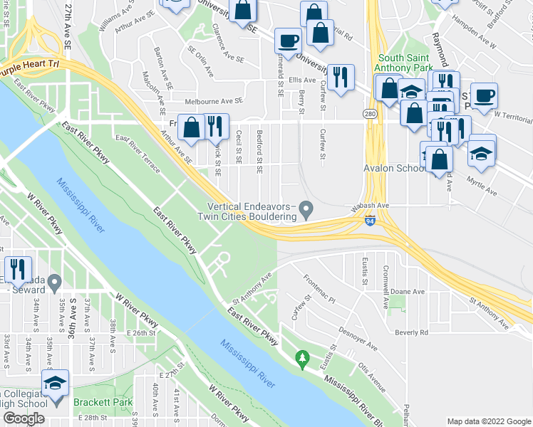map of restaurants, bars, coffee shops, grocery stores, and more near 243 Southeast Bedford Street in Minneapolis