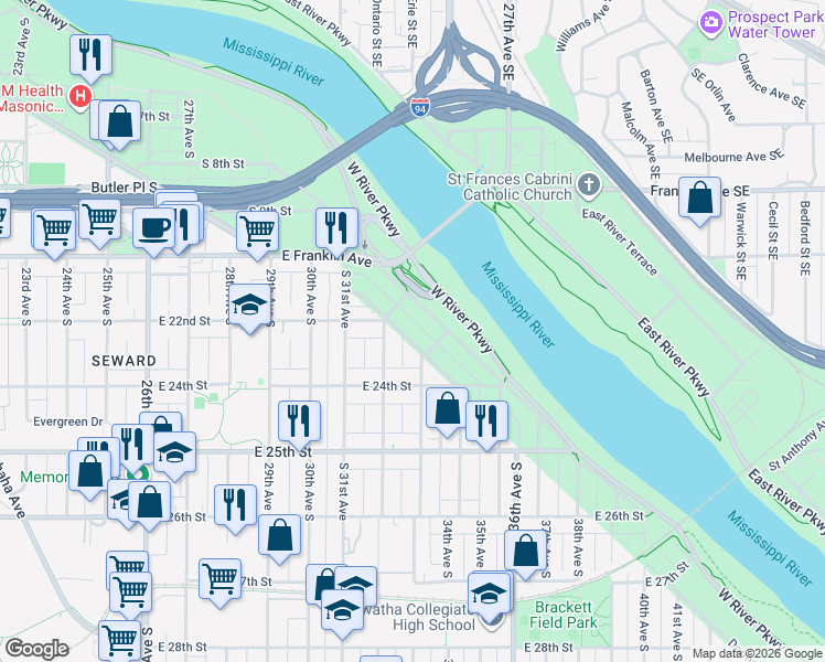 map of restaurants, bars, coffee shops, grocery stores, and more near 2205 Minneapolis Avenue in Minneapolis