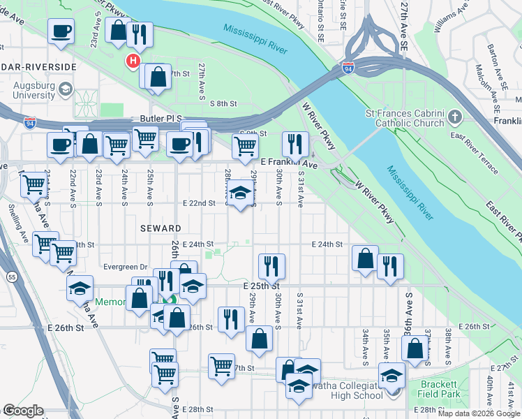 map of restaurants, bars, coffee shops, grocery stores, and more near 2904 East 22nd Street in Minneapolis